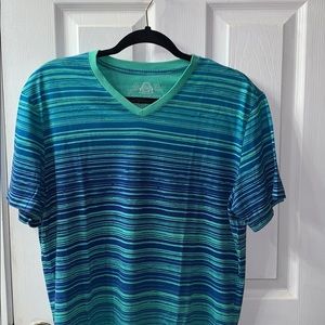 Large blue and teal striped t shirt